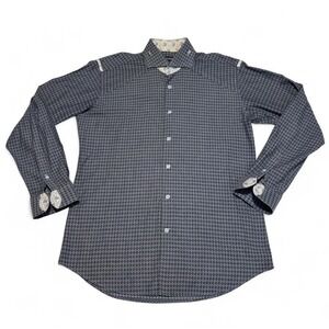 Bogosse Mens 3 Button Up Shirt Blue Diamond Print Paisley Trim Flip Cuff Crystal